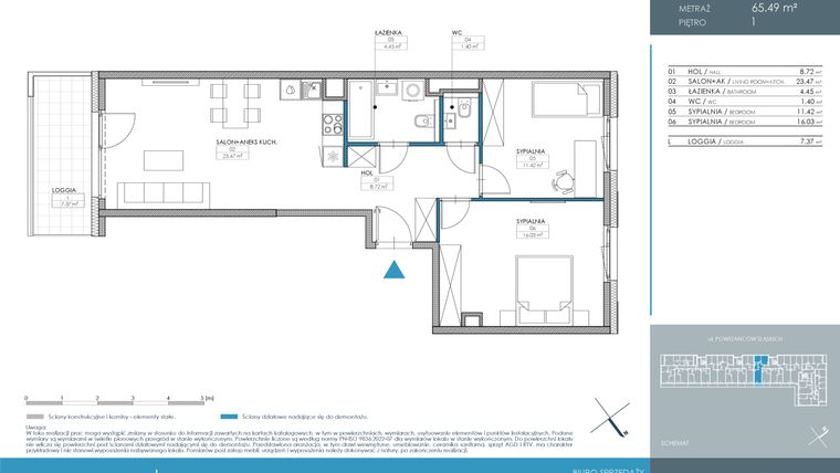 Rzut - Mieszkanie na sprzedaż 3 pokoje o powierzchni 65,49 m² - numer 1.3.1.01 w Nordic Powstańców Śląskich