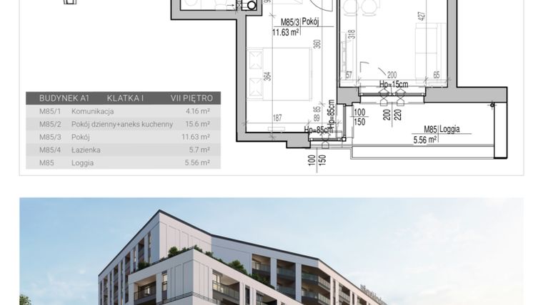 Rzut - Mieszkanie na sprzedaż 2 pokoje o powierzchni 37,09 m² - numer 85 w Aleja