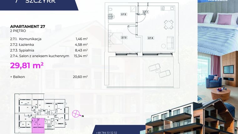 Rzut - Mieszkanie na sprzedaż 2 pokoje o powierzchni 29,81 m² - numer 27 w Novy Szczyrk