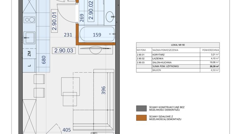 Rzut - Mieszkanie na sprzedaż 1 pokój o powierzchni 26,39 m² - numer 90 w Osiedle Zycha
