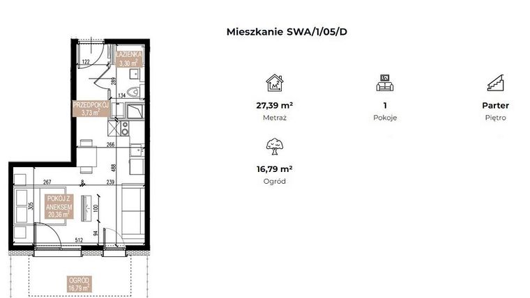 Rzut - Mieszkanie na sprzedaż 1 pokój o powierzchni 27,39 m² - numer SWA/1/05/D w Apartamenty Świeradowska