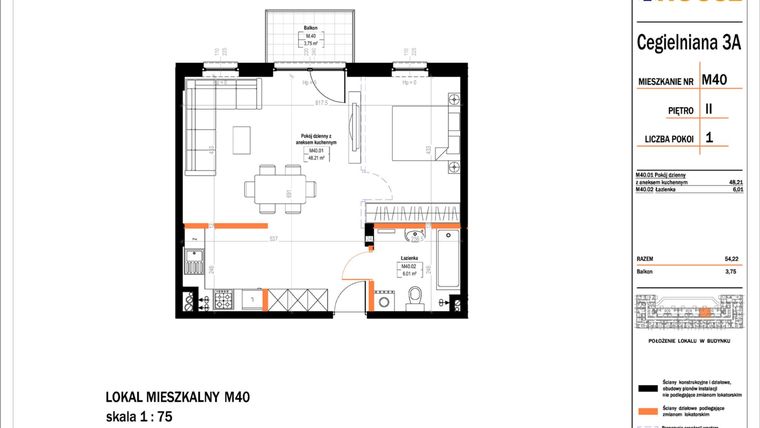 Rzut - Mieszkanie na sprzedaż 1 pokój o powierzchni 54,22 m² - numer 40 w Osiedle StaLove etap II