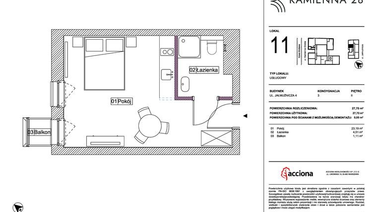 Rzut - Mieszkanie na sprzedaż 1 pokój o powierzchni 27,7 m² - numer 4.11 w Kamienna 28 - apartamenty inwestycyjne