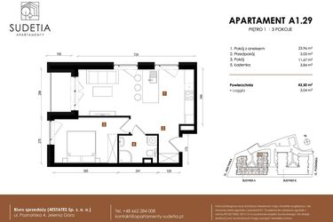Rzut - Mieszkanie na sprzedaż 2 pokoje o powierzchni 42,5 m² - numer A 1.29 w Apartamenty Sudetia