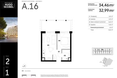 Rzut - Mieszkanie na sprzedaż 2 pokoje o powierzchni 34,46 m² - numer A.16 w Browar HUGO SCOBEL