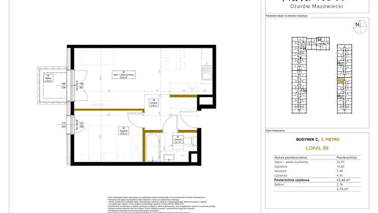 Rzut - Mieszkanie na sprzedaż 2 pokoje o powierzchni 43,66 m² - numer 69 w Aura Nova etap II