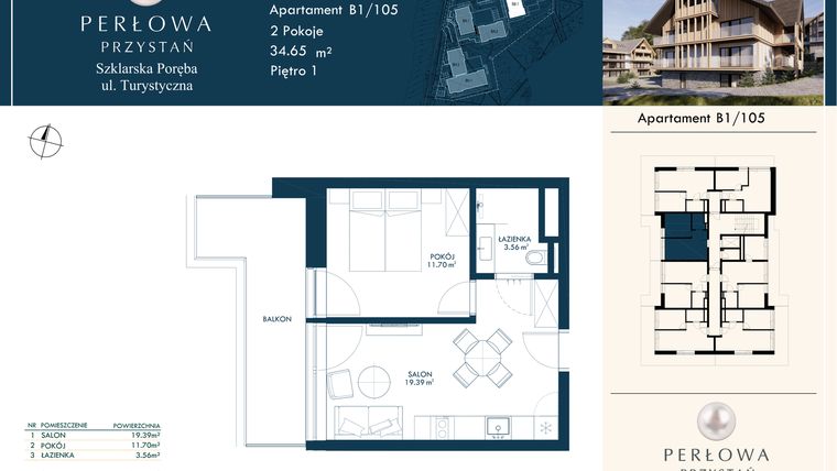 Rzut - Mieszkanie na sprzedaż 2 pokoje o powierzchni 34,65 m² - numer B1/105 w Perłowa Przystań - Szklarska Poręba