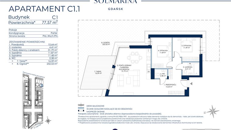 Rzut - Mieszkanie na sprzedaż 3 pokoje o powierzchni 77,57 m² - numer C1.1 w Sol Marina etap III