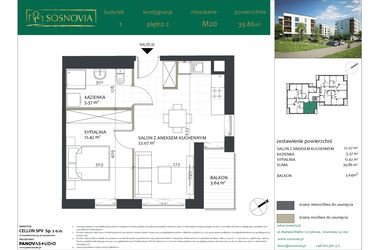 Rzut - Mieszkanie na sprzedaż 2 pokoje o powierzchni 39,86 m² - numer 1.M20 w Sosnovia