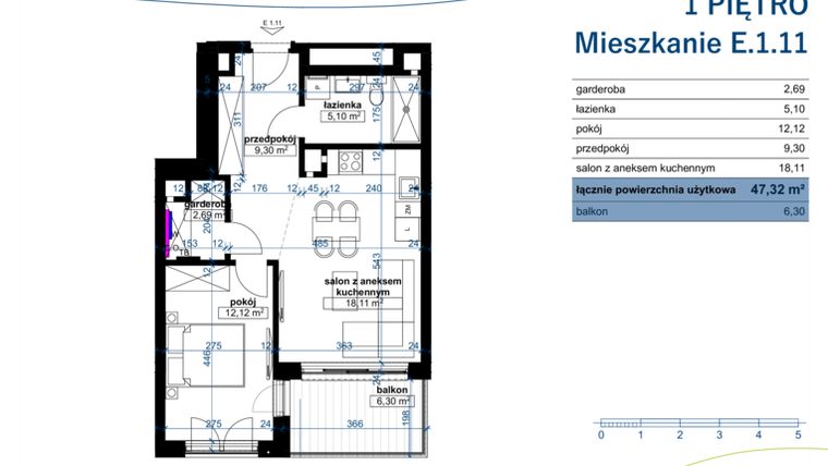 Rzut - Mieszkanie na sprzedaż 2 pokoje o powierzchni 47,32 m² - numer E.1.11 w Wzgórze Poetów 2