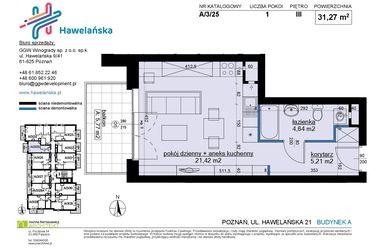 Rzut - Mieszkanie na sprzedaż 1 pokój o powierzchni 31,27 m² - numer A/3/25 w Osiedle Hawelańska etap III - bud. A