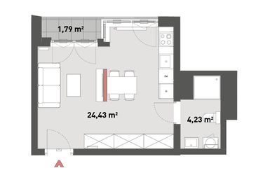 Rzut - Mieszkanie na sprzedaż 1 pokój o powierzchni 28,66 m² - numer A.04.19 w Żelazna 54