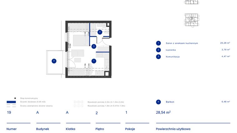 Rzut - Mieszkanie na sprzedaż 1 pokój o powierzchni 28,54 m² - numer A.19 w Osiedle Inverso