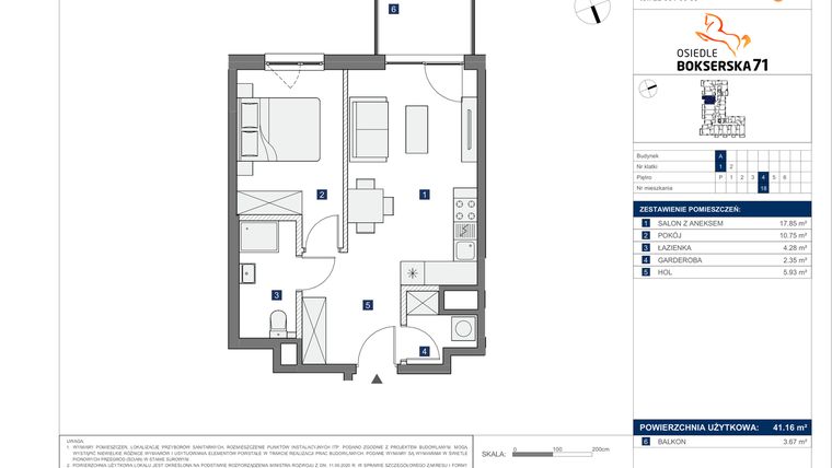 Rzut - Mieszkanie na sprzedaż 2 pokoje o powierzchni 41,16 m² - numer A.18 w Osiedle Bokserska 71 etap II