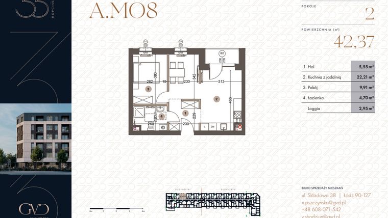 Rzut - Mieszkanie na sprzedaż 2 pokoje o powierzchni 42,37 m² - numer A.M08 w Kopcińskiego 33