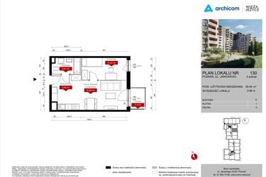 Rzut - Mieszkanie na sprzedaż 2 pokoje o powierzchni 39,49 m² - numer K.130 w Wieża Jeżyce etap V