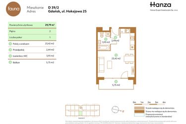 Rzut - Mieszkanie na sprzedaż 1 pokój o powierzchni 29,79 m² - numer D39-2 w Fauna