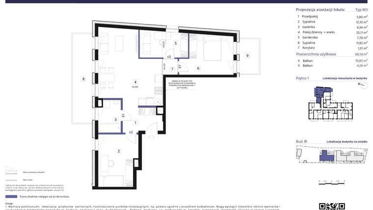 Rzut - Mieszkanie na sprzedaż 4 pokoje o powierzchni 68,56 m² - numer B1 – M1.7 w Primacasa