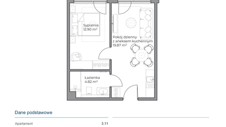 Rzut - Mieszkanie na sprzedaż 2 pokoje o powierzchni 37,58 m² - numer B.3.11 w Anchoria Holiday