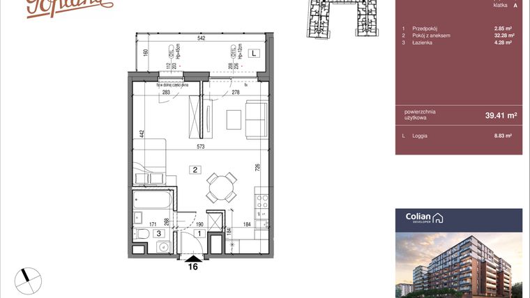 Rzut - Mieszkanie na sprzedaż 1 pokój o powierzchni 39,41 m² - numer G1/16 w Goplana budynek G