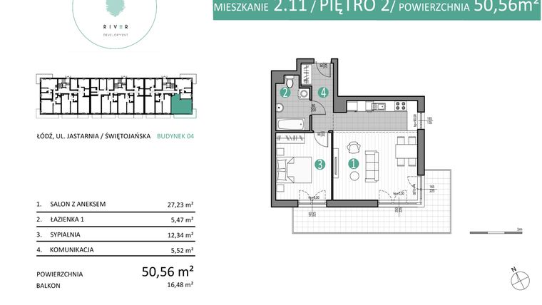 Rzut - Mieszkanie na sprzedaż 2 pokoje o powierzchni 50,56 m² - numer 04.2.11 w Port Jastarnia bud. 01, 04