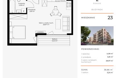 Rzut - Mieszkanie na sprzedaż 1 pokój o powierzchni 36,86 m² - numer 23 w Mikusińskiego 25