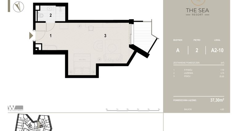 Rzut - Mieszkanie na sprzedaż 1 pokój o powierzchni 37,3 m² - numer A2-10 w The Sea Resort Międzyzdroje