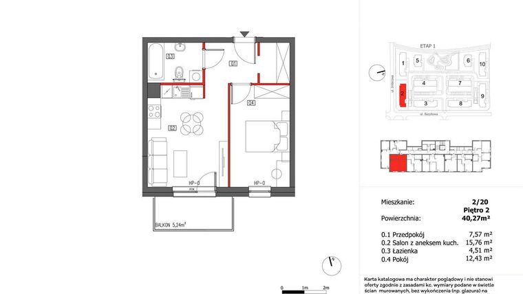 Rzut - Mieszkanie na sprzedaż 2 pokoje o powierzchni 40,27 m² - numer 2/20 w Słoneczny Zakątek