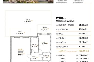 Rzut - Mieszkanie na sprzedaż 3 pokoje o powierzchni 105,44 m² - numer L2-1.2 w Zimowa Apartamenty