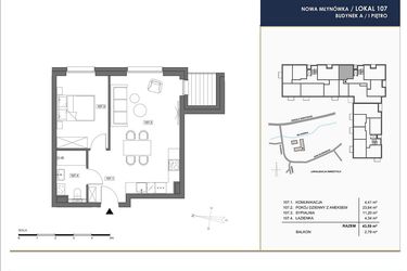 Rzut - Mieszkanie na sprzedaż 2 pokoje o powierzchni 43,59 m² - numer A.107 w Nowa Młynówka