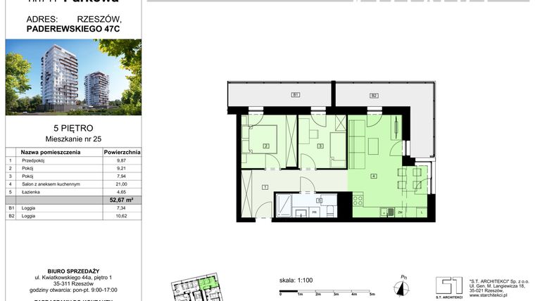 Rzut - Mieszkanie na sprzedaż 3 pokoje o powierzchni 52,67 m² - numer 25/B8 w Dzielnica Parkowa VIII