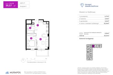 Rzut - Mieszkanie na sprzedaż 1 pokój o powierzchni 39,57 m² - numer 1.A.4.16 w Murapol Osiedle Szafirove II