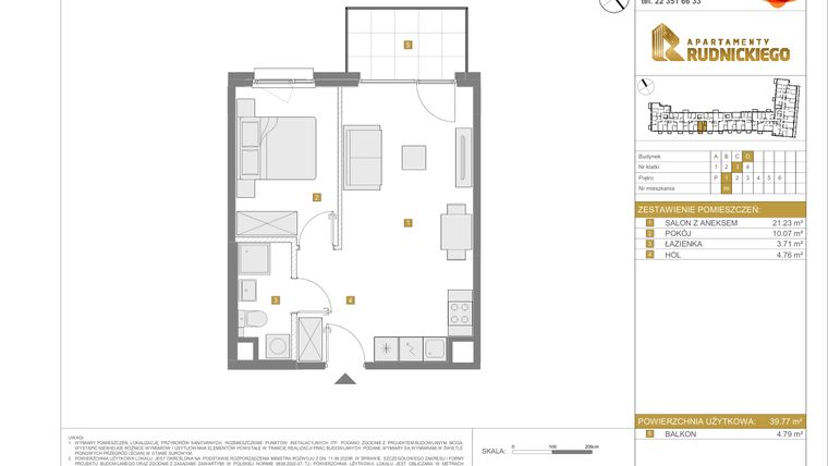 Rzut - Mieszkanie na sprzedaż 2 pokoje o powierzchni 39,77 m² - numer D.89 w Apartamenty Rudnickiego