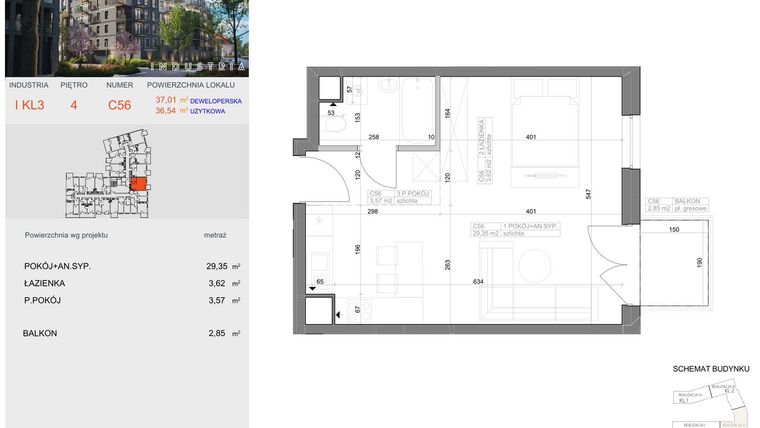 Rzut - Mieszkanie na sprzedaż 1 pokój o powierzchni 36,54 m² - numer I-C56 w Industria etap I-D oraz I-C