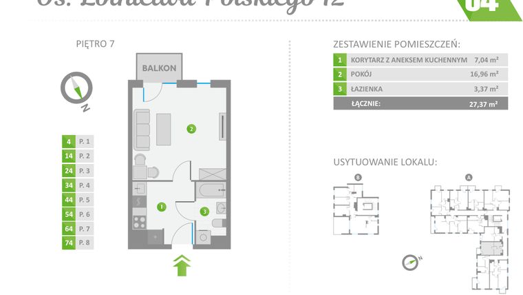 Rzut - Mieszkanie na sprzedaż 1 pokój o powierzchni 27,37 m² - numer 64 w Os. Lotnictwa Polskiego 12