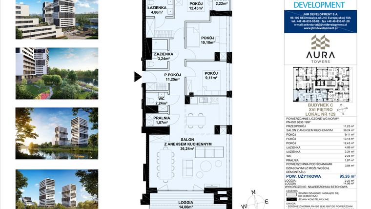 Rzut - Mieszkanie na sprzedaż 4 pokoje o powierzchni 95,26 m² - numer C.16.129 w Aura Towers
