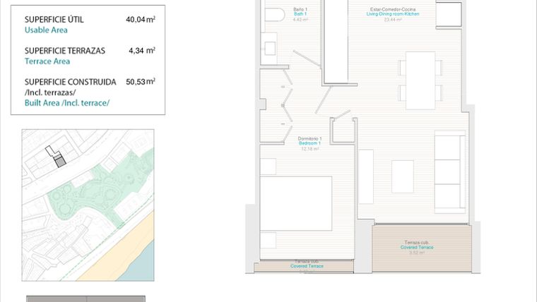 Rzut - Mieszkanie na sprzedaż 1 pokój o powierzchni 40 m² - numer 1B w Allonbay Urban - Villajoyosa