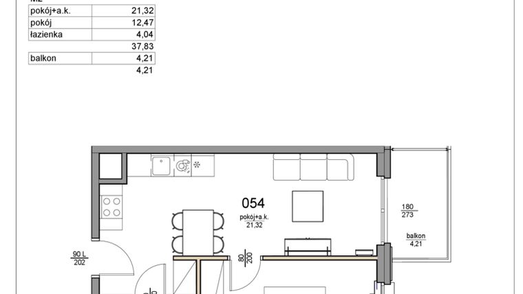 Rzut - Mieszkanie na sprzedaż 2 pokoje o powierzchni 37,83 m² - numer 54 w Rezydencja Liwska 3