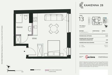 Rzut - Mieszkanie na sprzedaż 1 pokój o powierzchni 34,83 m² - numer 4.13 w Kamienna 28 - apartamenty inwestycyjne