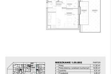 Rzut - Mieszkanie na sprzedaż 2 pokoje o powierzchni 39,84 m² - numer 1.00.B02 w Ogrody Andersa III