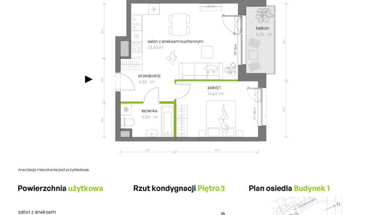 Rzut - Mieszkanie na sprzedaż 2 pokoje o powierzchni 48,03 m² - numer 1.03.M38 w Morska Vita