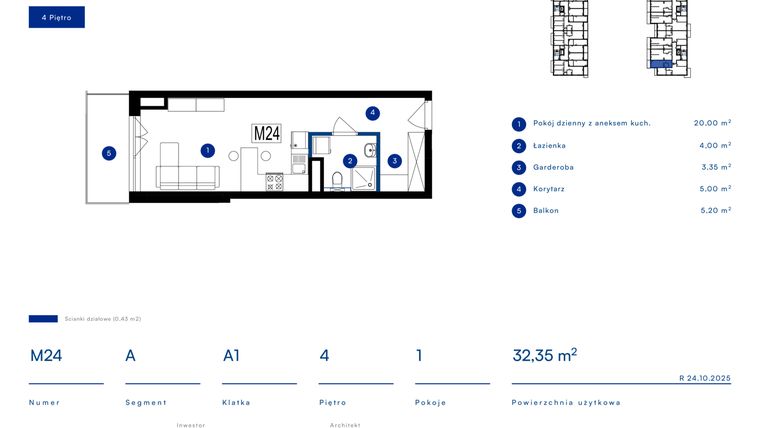 Rzut - Mieszkanie na sprzedaż 1 pokój o powierzchni 32,35 m² - numer 24A w Przy Bursztynowej