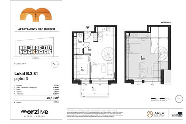 Rzut - Mieszkanie na sprzedaż 2 pokoje o powierzchni 70,1 m² - numer B.3.81 w Morzlive