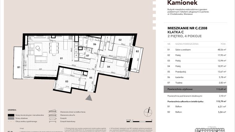 Rzut - Mieszkanie na sprzedaż 4 pokoje o powierzchni 113,69 m² - numer C.C208 w Nowy Kamionek