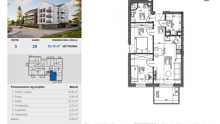 Rzut - Mieszkanie na sprzedaż 3 pokoje o powierzchni 53,1 m² - numer 29 w Balantia