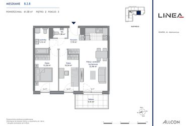 Rzut - Mieszkanie na sprzedaż 3 pokoje o powierzchni 61 m² - numer B.2.8 w Linea