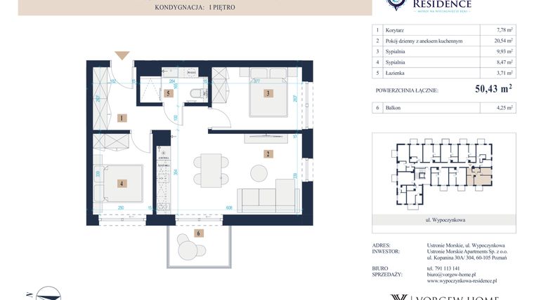 Rzut - Mieszkanie na sprzedaż 3 pokoje o powierzchni 50,43 m² - numer 26 w Wypoczynkowa Residence