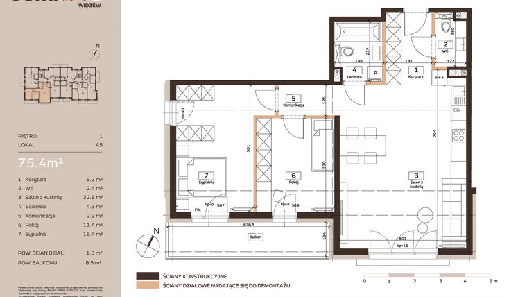 Rzut - Mieszkanie na sprzedaż 3 pokoje o powierzchni 75,4 m² - numer A5 w Domkove Widzew