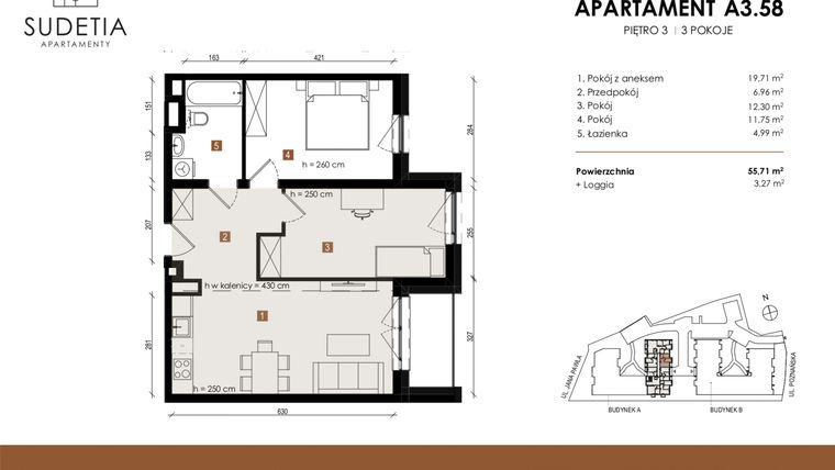 Rzut - Mieszkanie na sprzedaż 3 pokoje o powierzchni 55,71 m² - numer A 3.58 w Apartamenty Sudetia