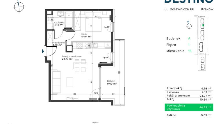 Rzut - Mieszkanie na sprzedaż 2 pokoje o powierzchni 44,63 m² - numer A-15 w Destino